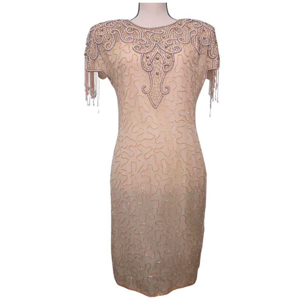 VTG Stenay Silk Beaded Cocktail Dress Sz 6 Nude/Peach Sheer Fringe Sleeves